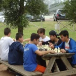 Gruppo di ragazzi giocano a scacchi nel parco